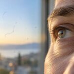 Oko odrasle osobe okrenuto prema svijetlom prozoru, s blagim prikazom mušica u vidnom polju